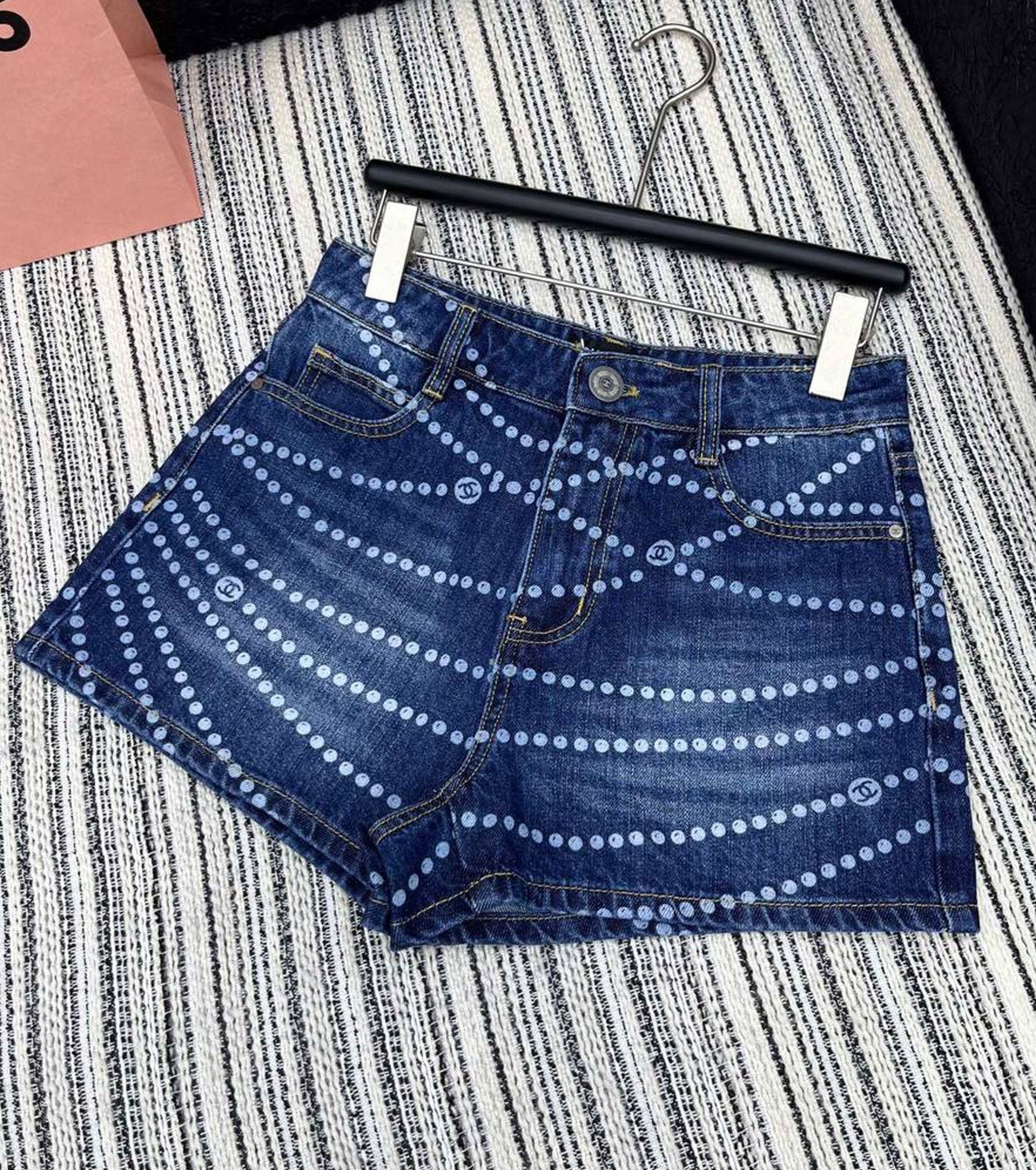 Printed Washed Denim Shorts