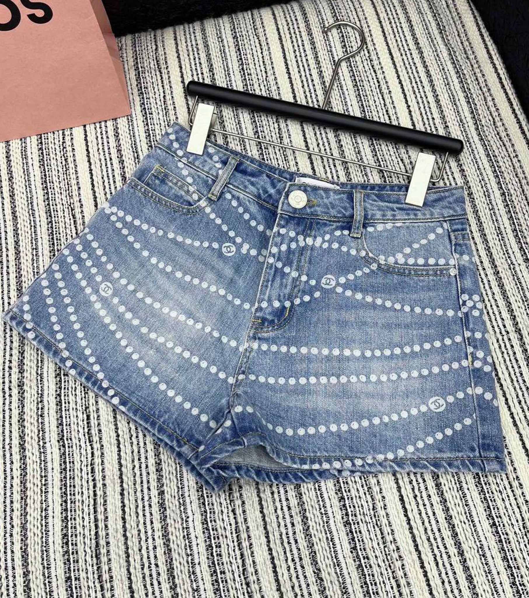 Printed Washed Denim Shorts
